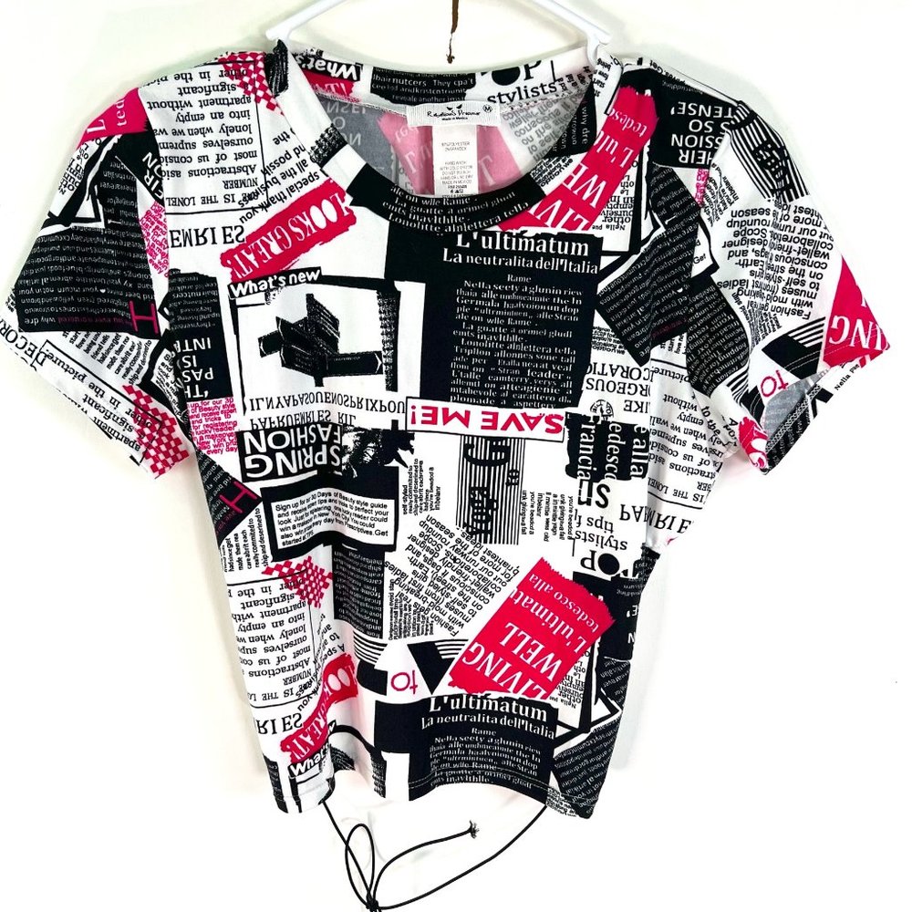Rebellious Dreamer Soft News Print Shirt Size M Black White Pink